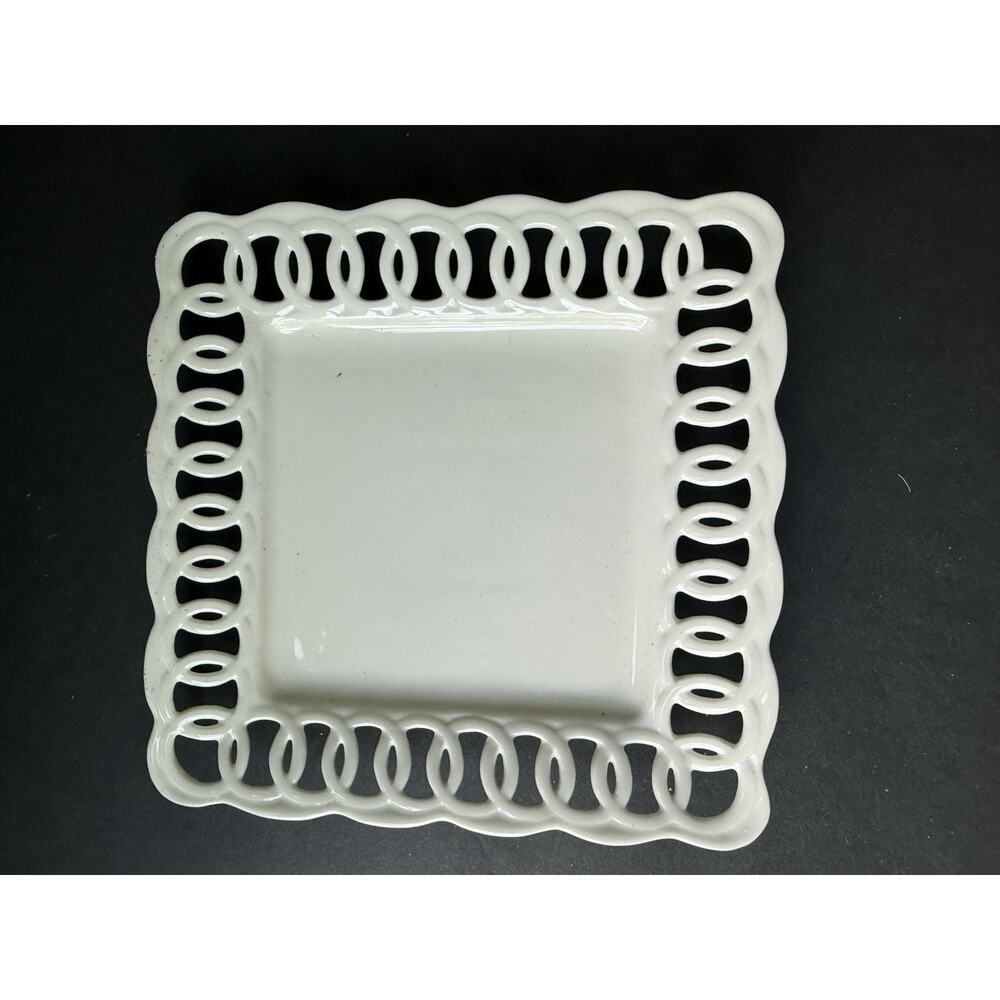 Dessert Plate Trinket Dish China White Square Scalloped 8” Cottagecore